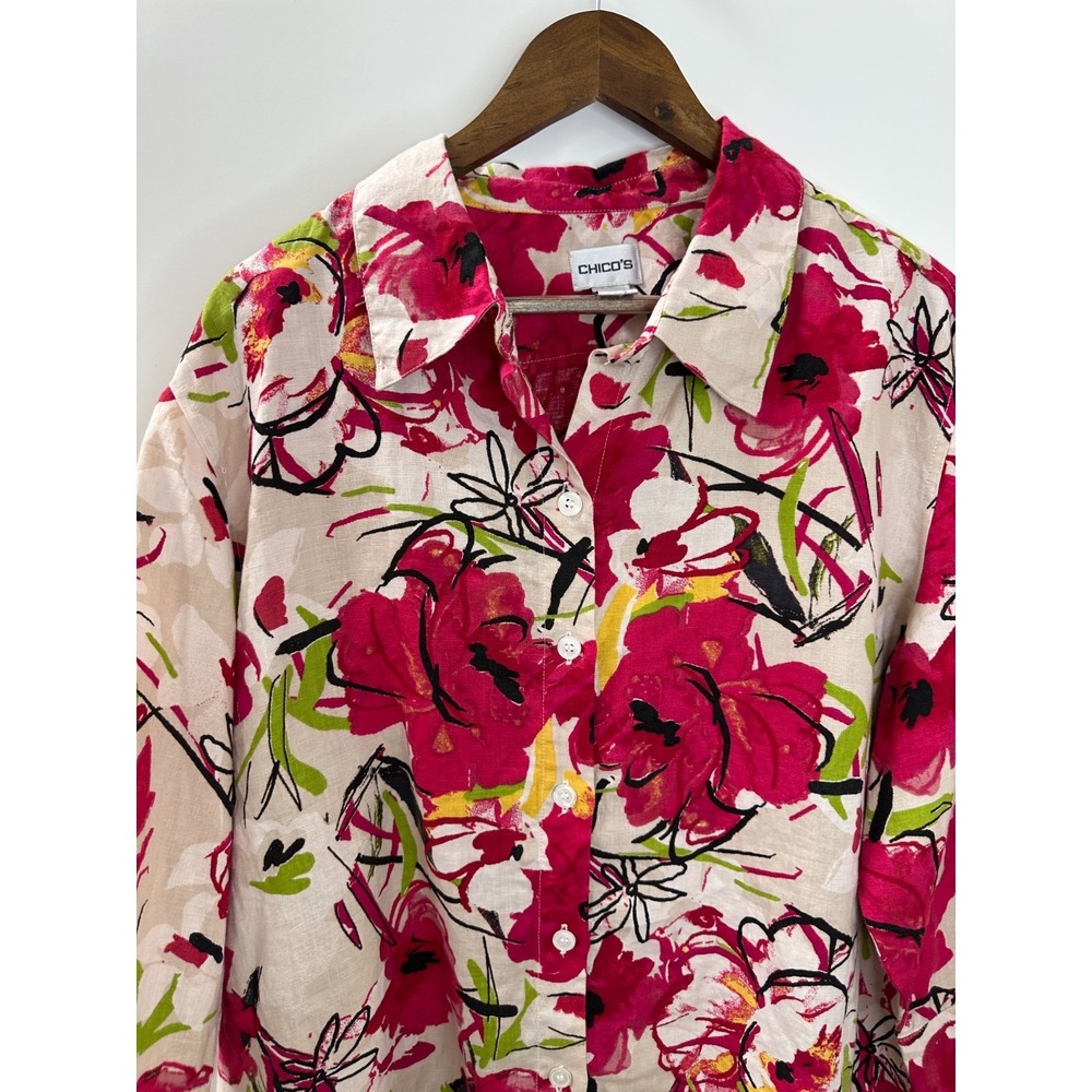 Chico's 100% Linen Multicolor Floral Print Button Up Shirt Size 3 US 16 XL Top - Picture 8 of 12